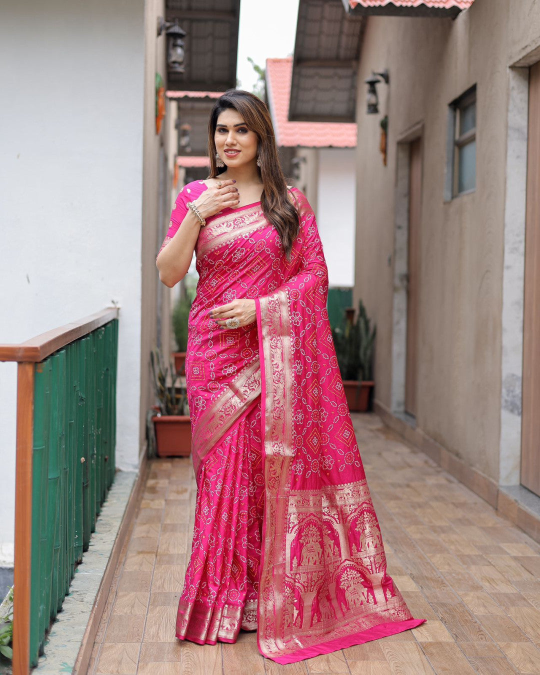 Hand Work Pink Bandhej Saree