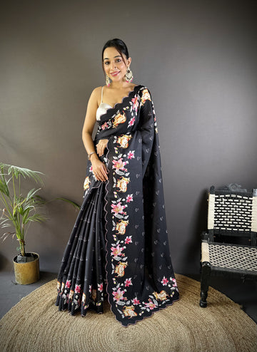 Black Gadhwal Silk Saree With Embroidery Cut Work