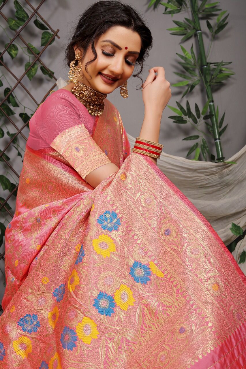 Pink Banarasi Silk Saree With Zari Weaving