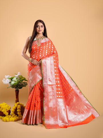 Orange Grey Silver Zari Banarasi Silk Saree