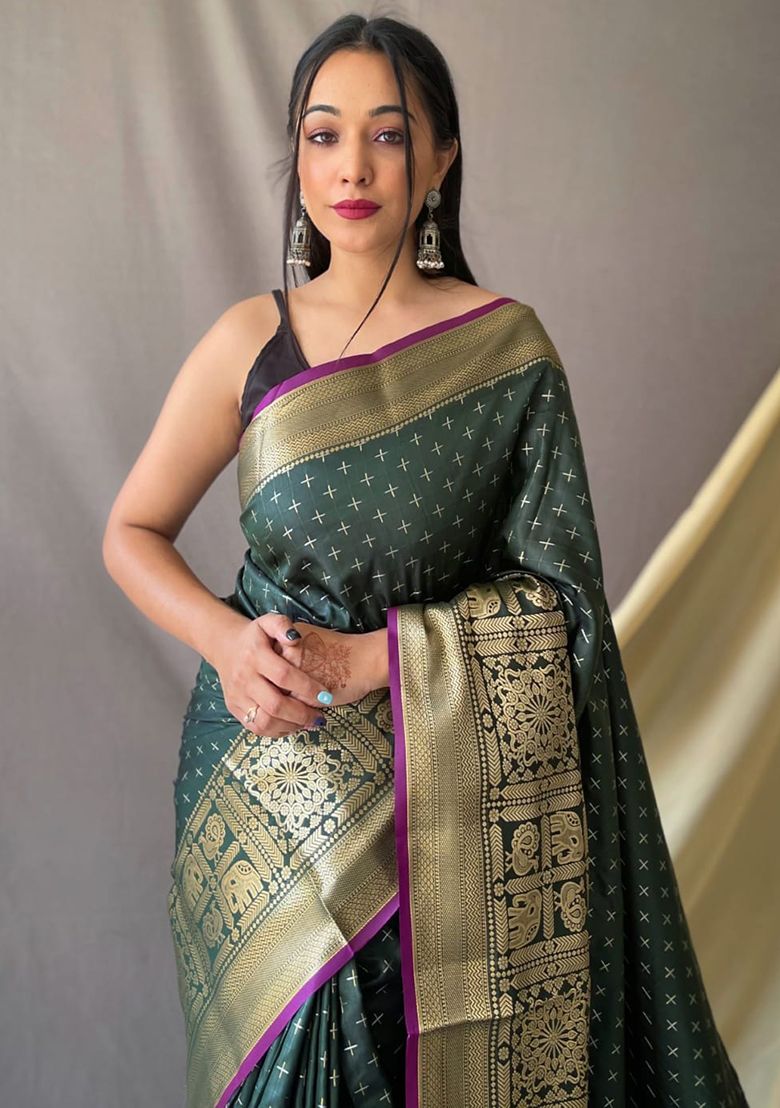 Bottle Green Banarasi Silk Saree Zari Weaved