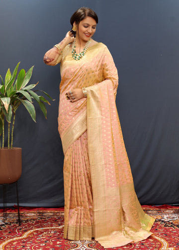 Peach Banarasi Soft Silk Saree