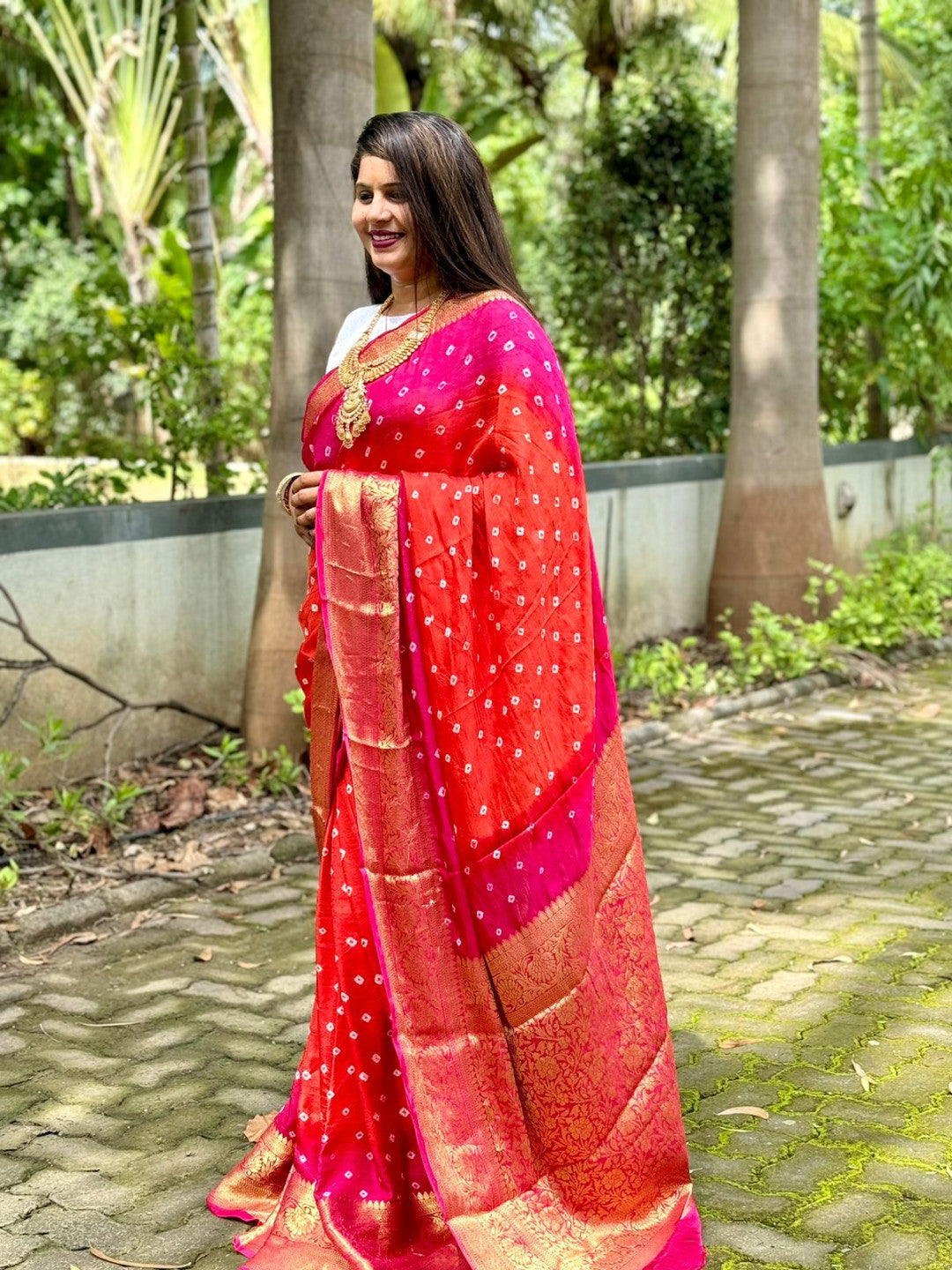 Handloom Orange Bandhej Saree