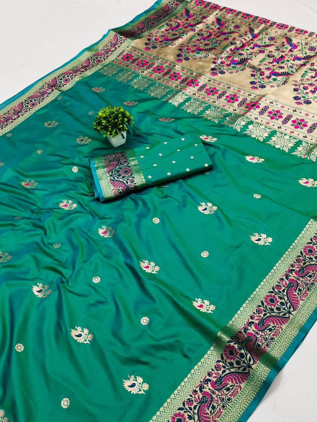 Rama Green Paithani Silk Saree With Zari