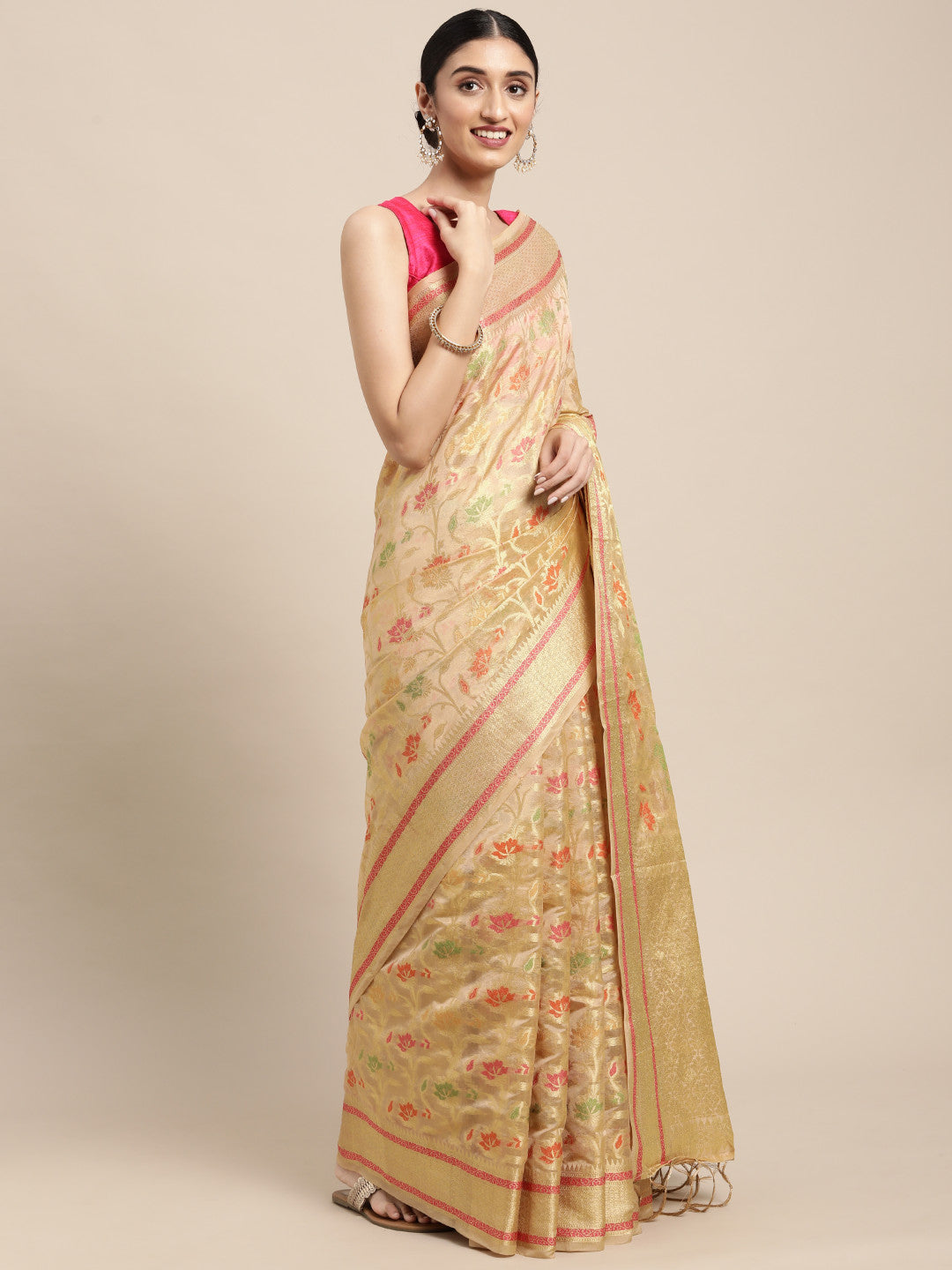 Beige Organza Silk Saree