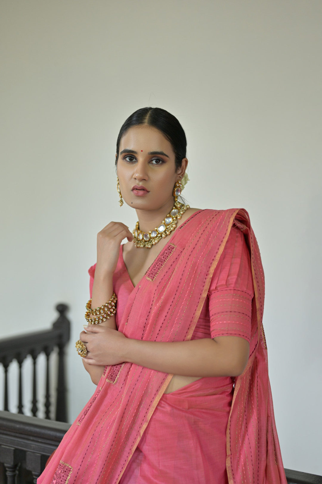 Pink Kantha Work Cotton Blend Saree