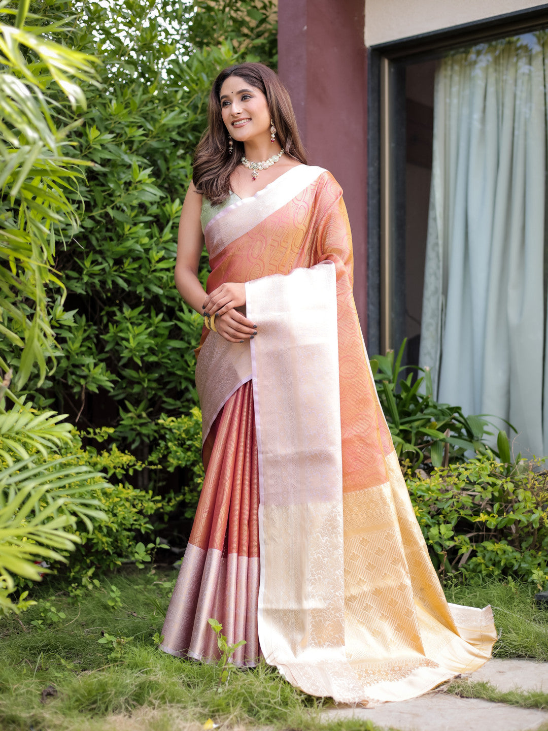 Peach Handloom Banarasi Silk Saree