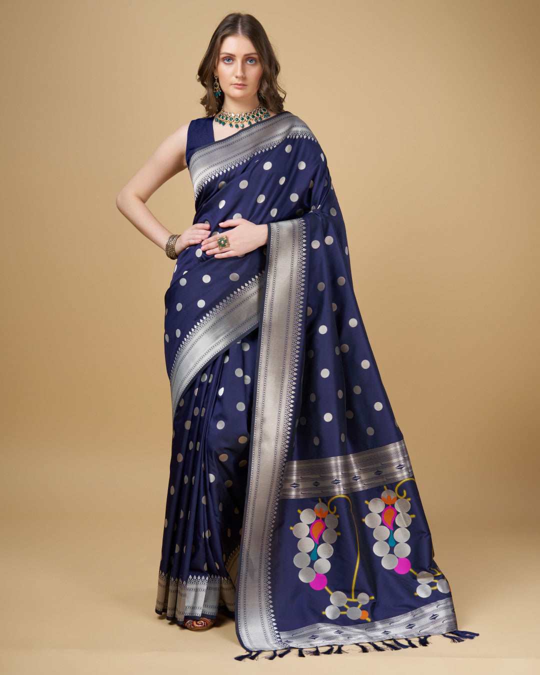 Blue Dotted Soft Paithani Silk Saree