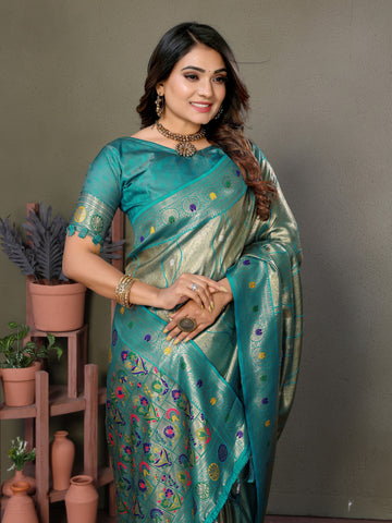 Sea Green Banarasi Tissue Silk Saree With Zari Weaving Work