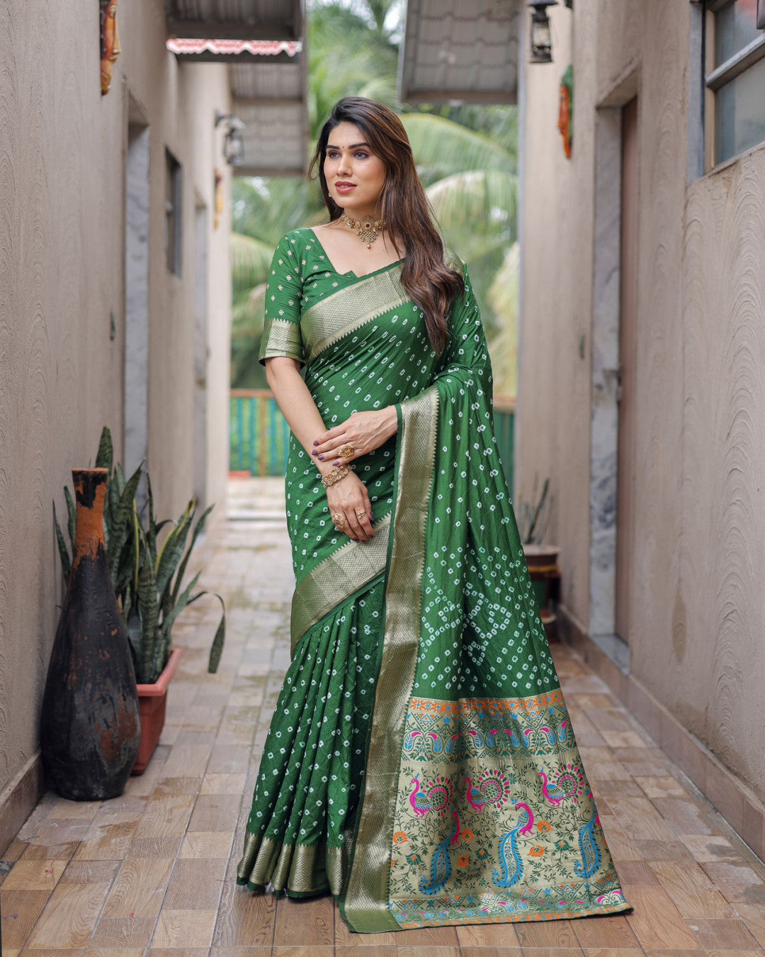 Green Hand Bandhej Silk Saree With Zari Border