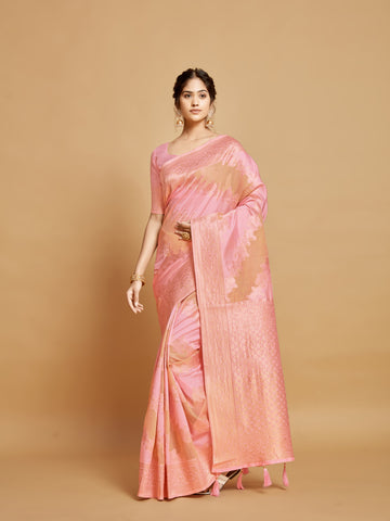 Peach Linen Silk Saree With Zari Work