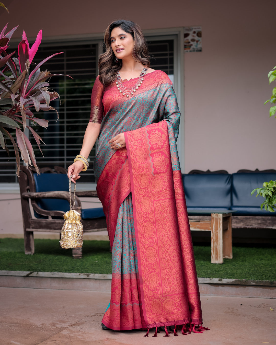 Sea Green Ikkat Patola Kanjivaram Saree