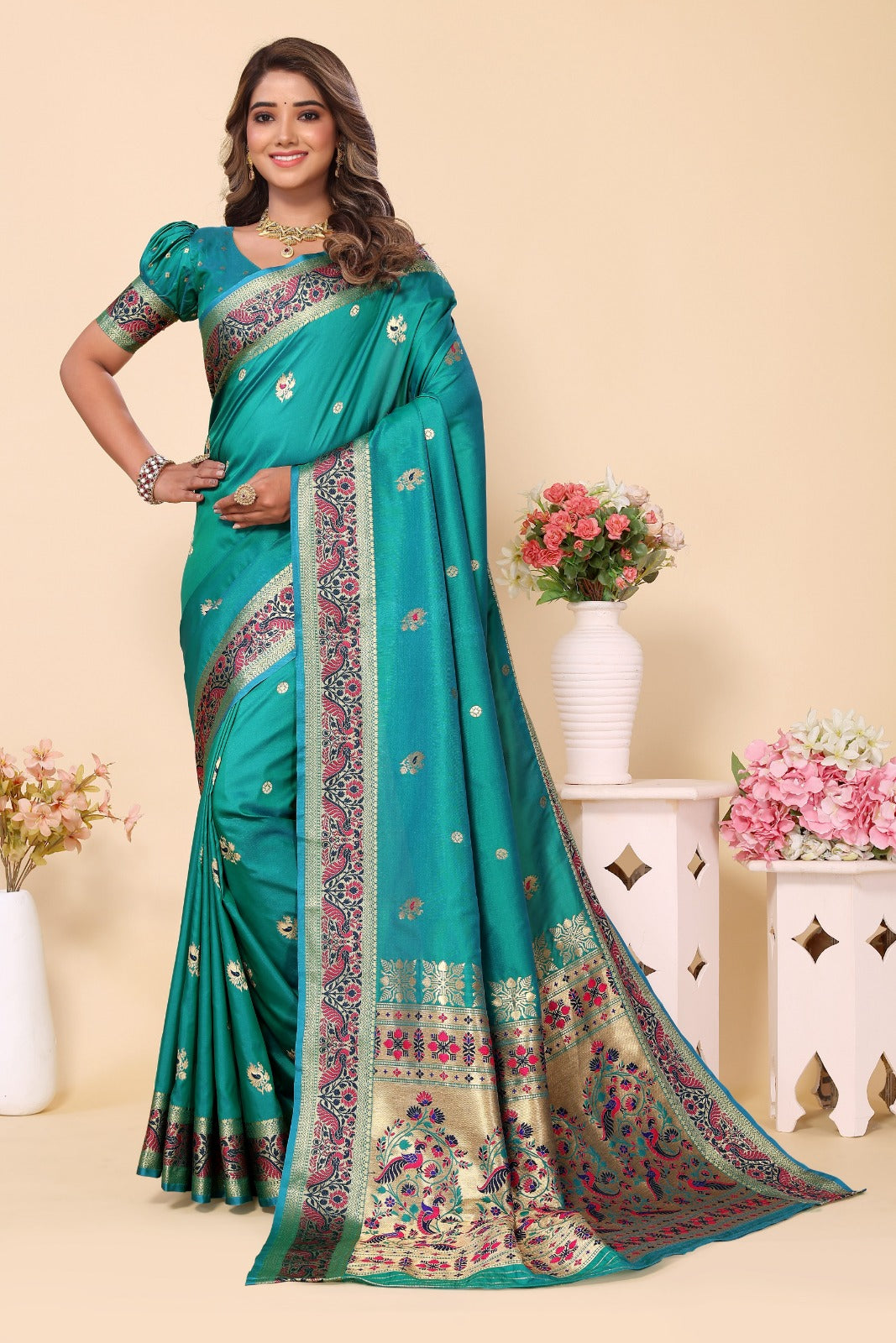 Rama Green Paithani Silk Saree With Zari