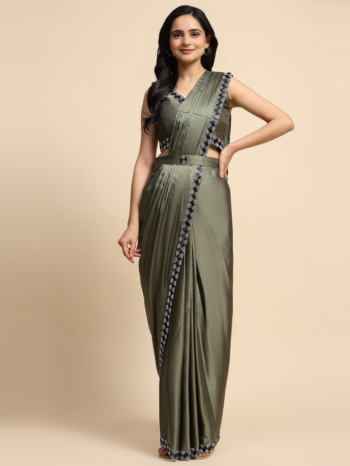 Olive Ready To Wear Satin Silk Saree