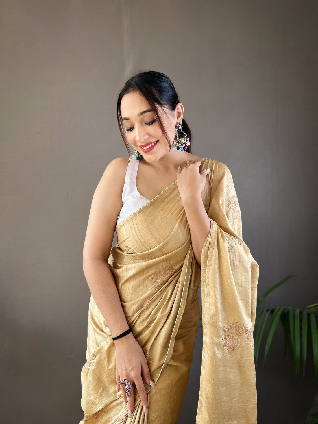 Beige Zari Embroidery & Piping Soft Fabric Saree