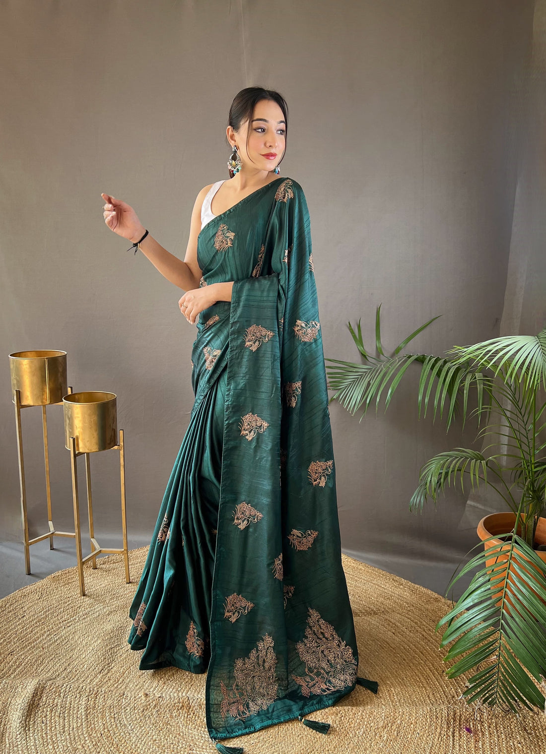 Dark Green Zari Embroidery & Piping Soft Fabric Saree