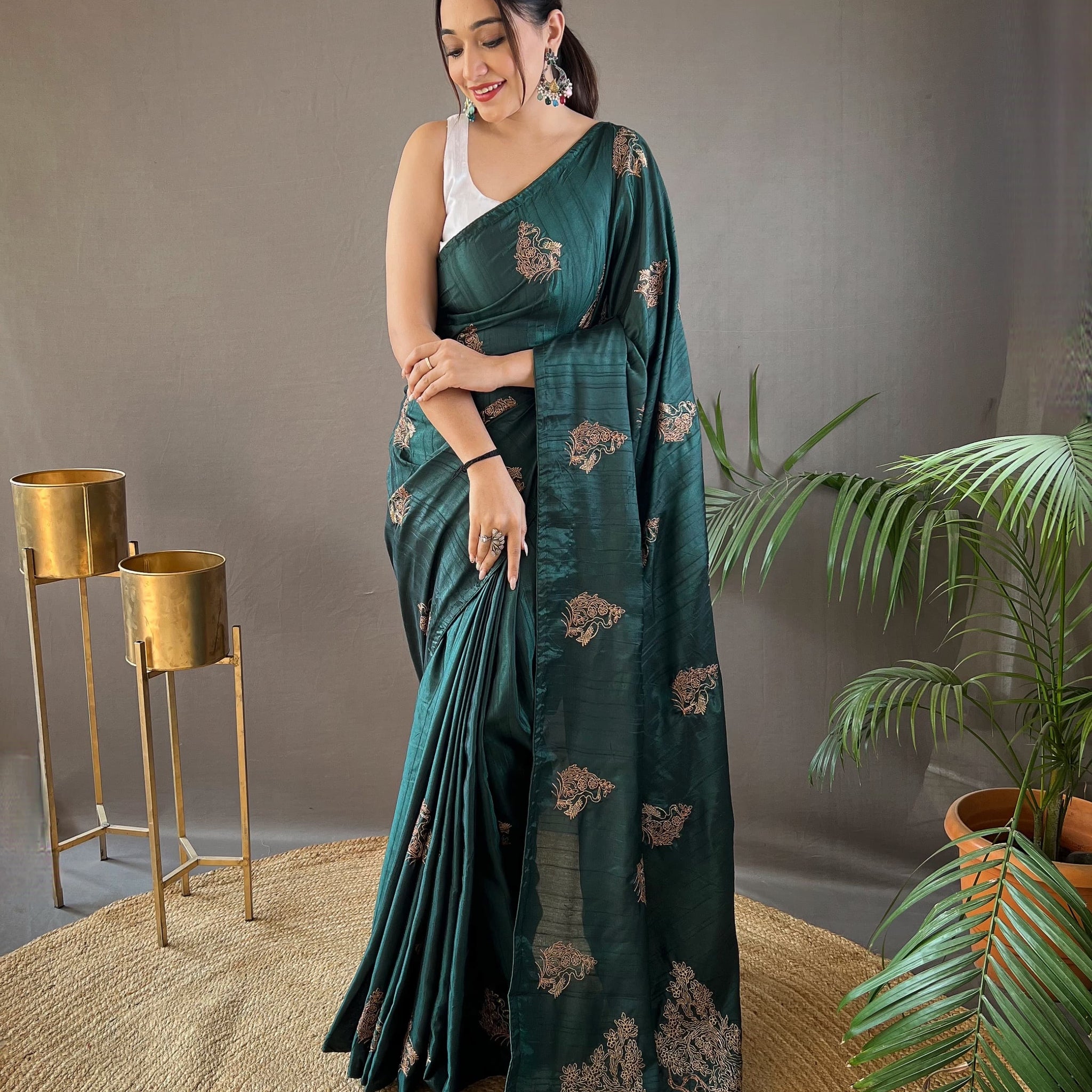 Dark Green Zari Embroidery & Piping Soft Fabric Saree