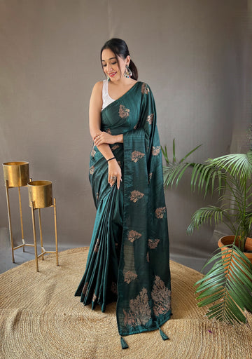 Dark Green Zari Embroidery & Piping Soft Fabric Saree