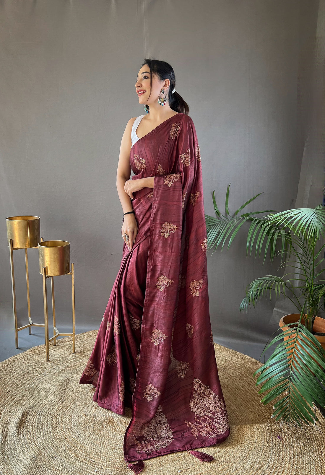 Maroon Zari Embroidery & Piping Soft Fabric Saree