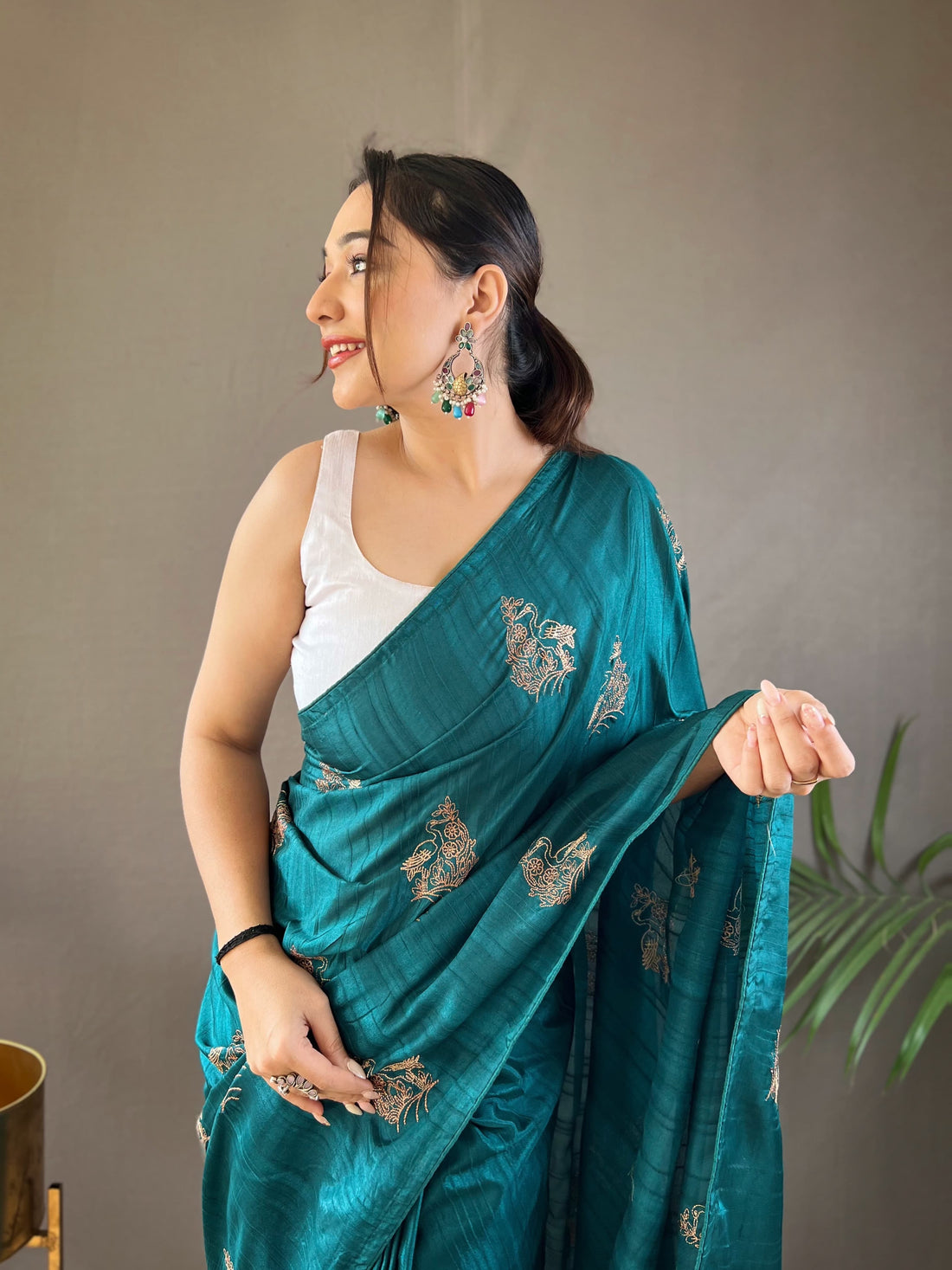 Rama Green Zari Embroidery & Piping Soft Fabric Saree