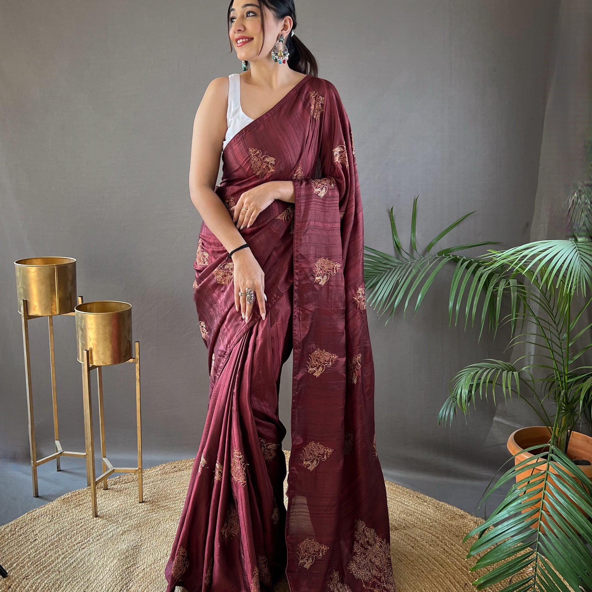 Maroon Zari Embroidery & Piping Soft Fabric Saree