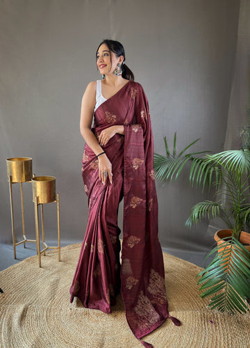 Maroon Zari Embroidery & Piping Soft Fabric Saree