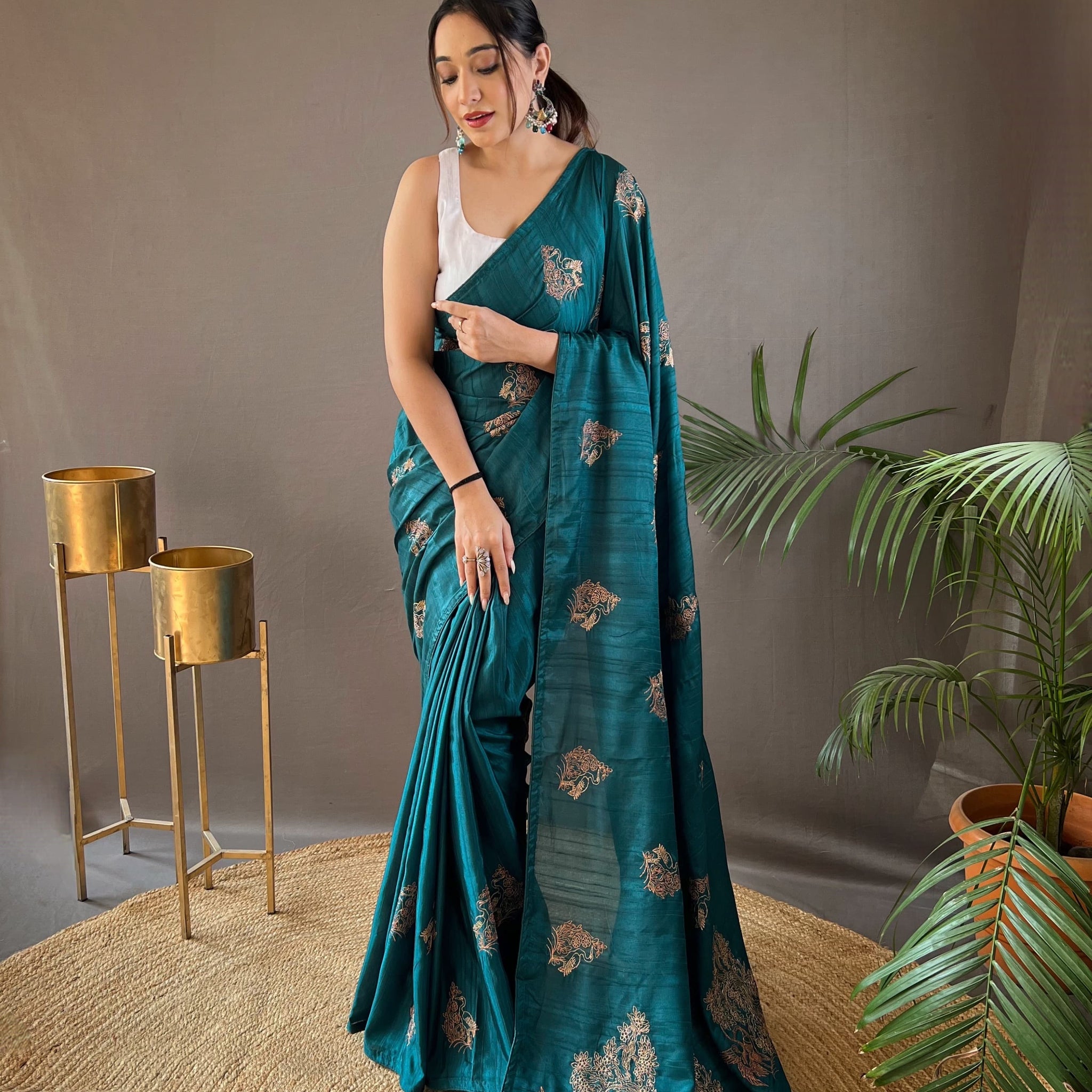 Rama Green Zari Embroidery & Piping Soft Fabric Saree