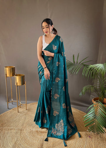 Rama Green Zari Embroidery & Piping Soft Fabric Saree