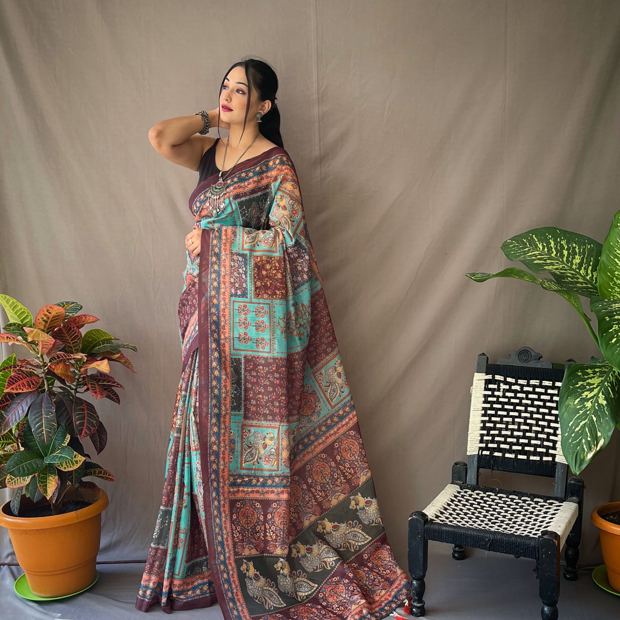 Multicolor Blue Shade Kalamkari Saree