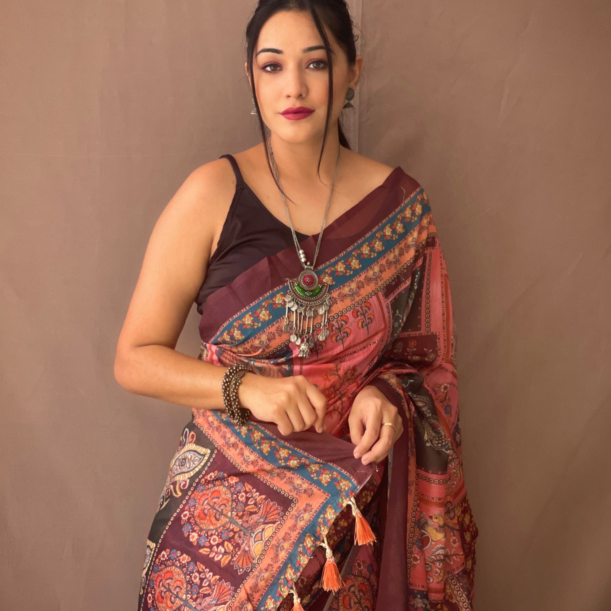 Multicolor Peach Shade Kalamkari Saree