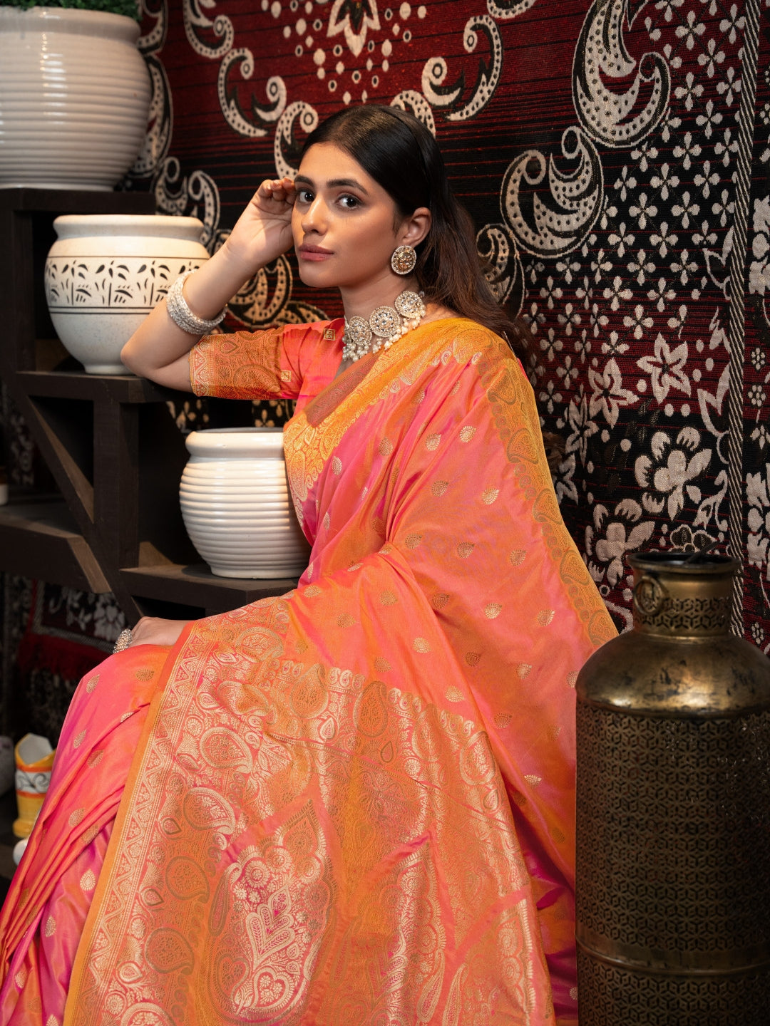 Peach Zari Banarasi Silk Saree