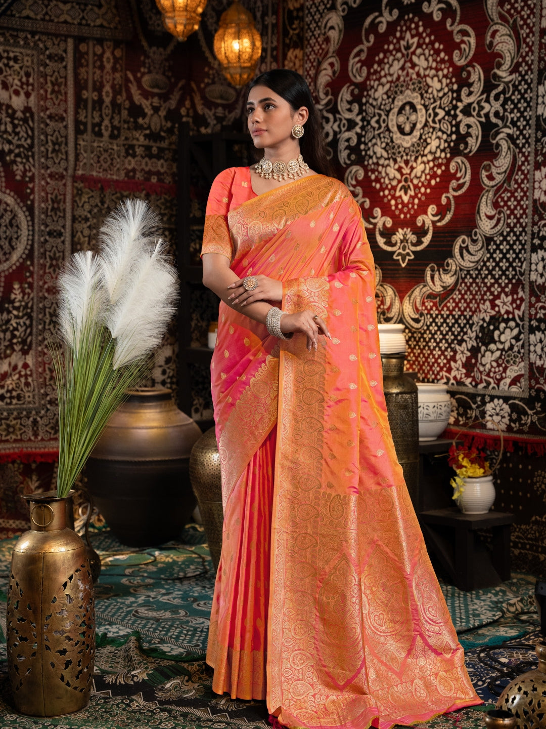 Peach Zari Banarasi Silk Saree