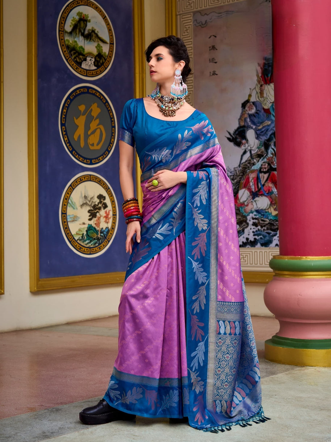 Pink With Blue Border Banarasi Silk Saree