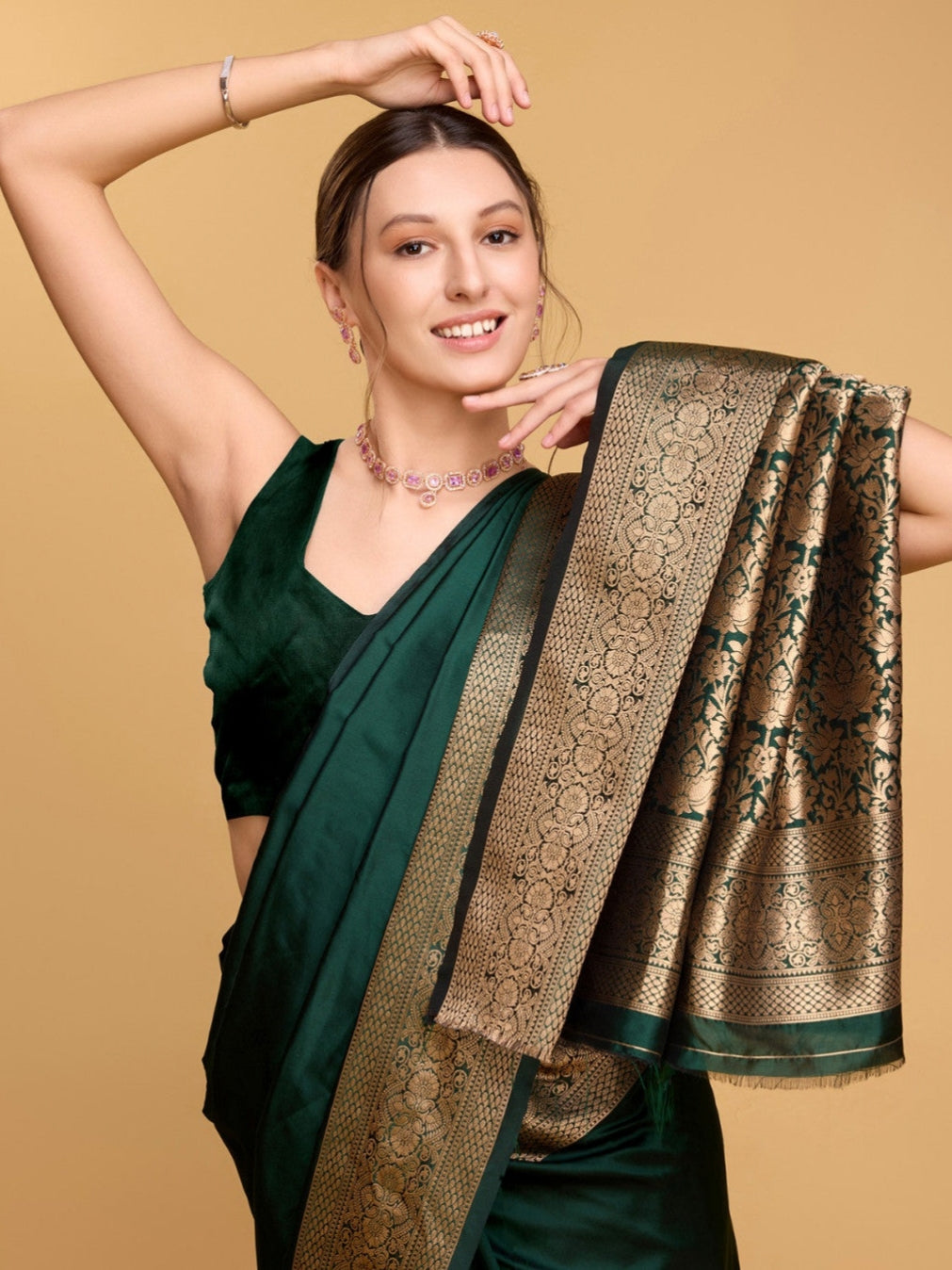 Bottle Green Kanjivaram Silk Zari Weaved Saree