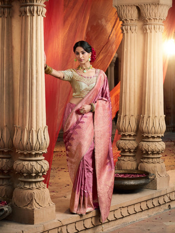 Designer Pure Satin Heavy Zari Peach Saree