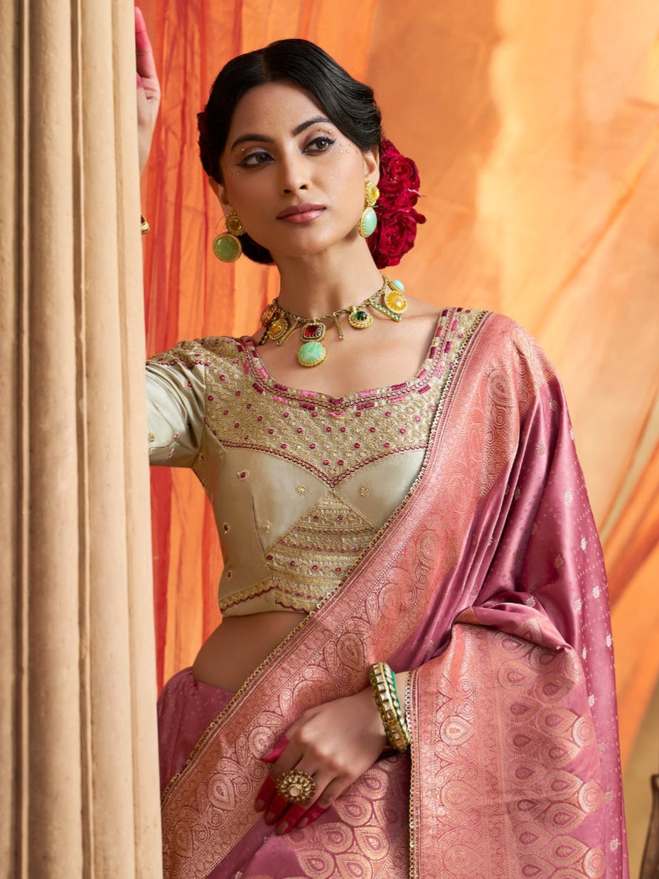 Designer Pure Satin Heavy Zari Peach Saree