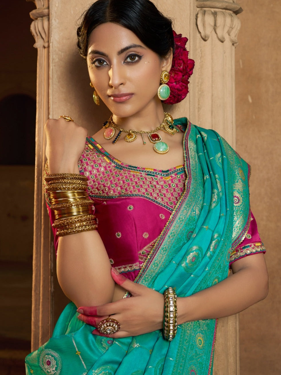 Designer Pure Satin Heavy Zari Rama Green Saree