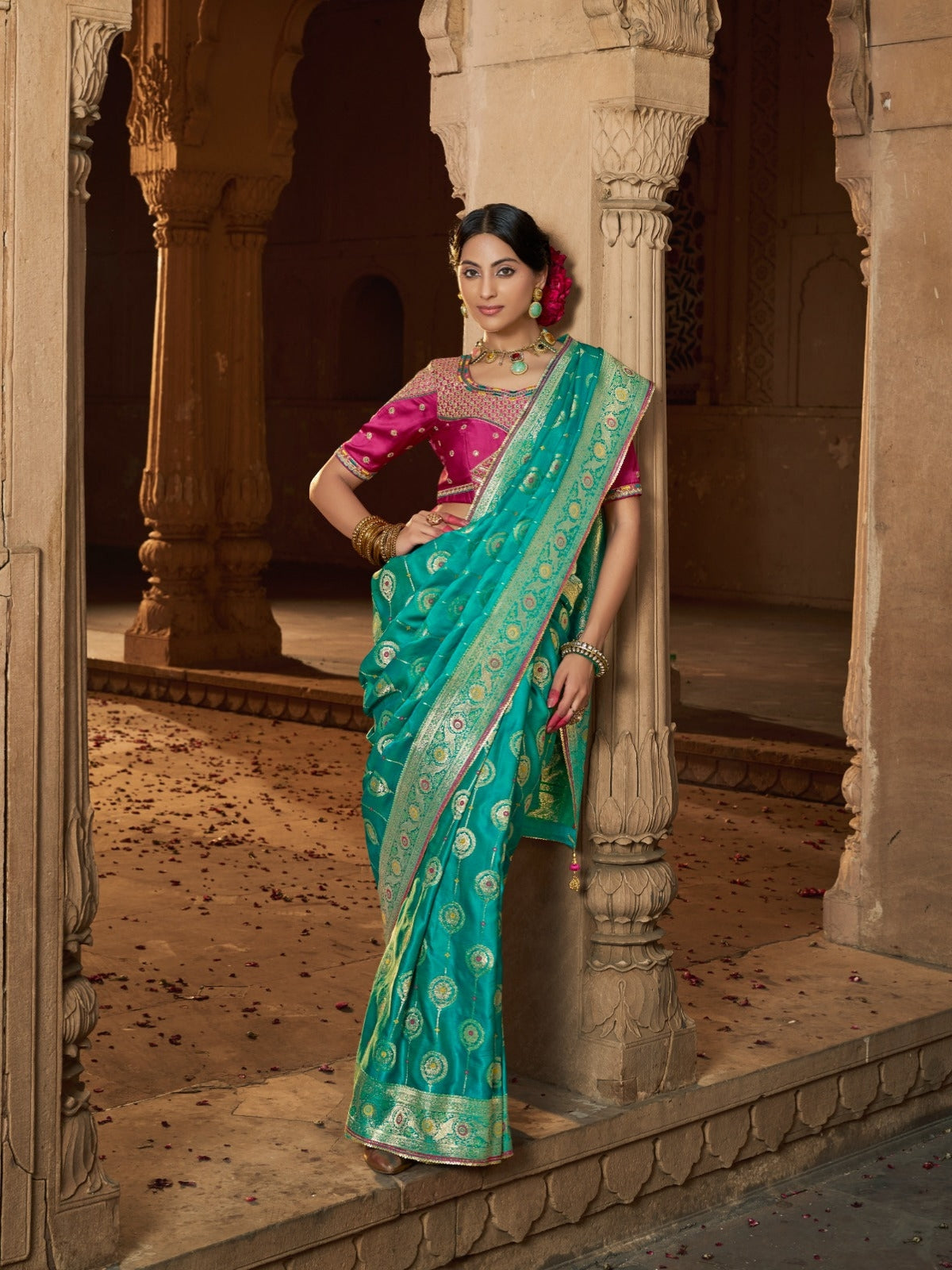 Designer Pure Satin Heavy Zari Rama Green Saree