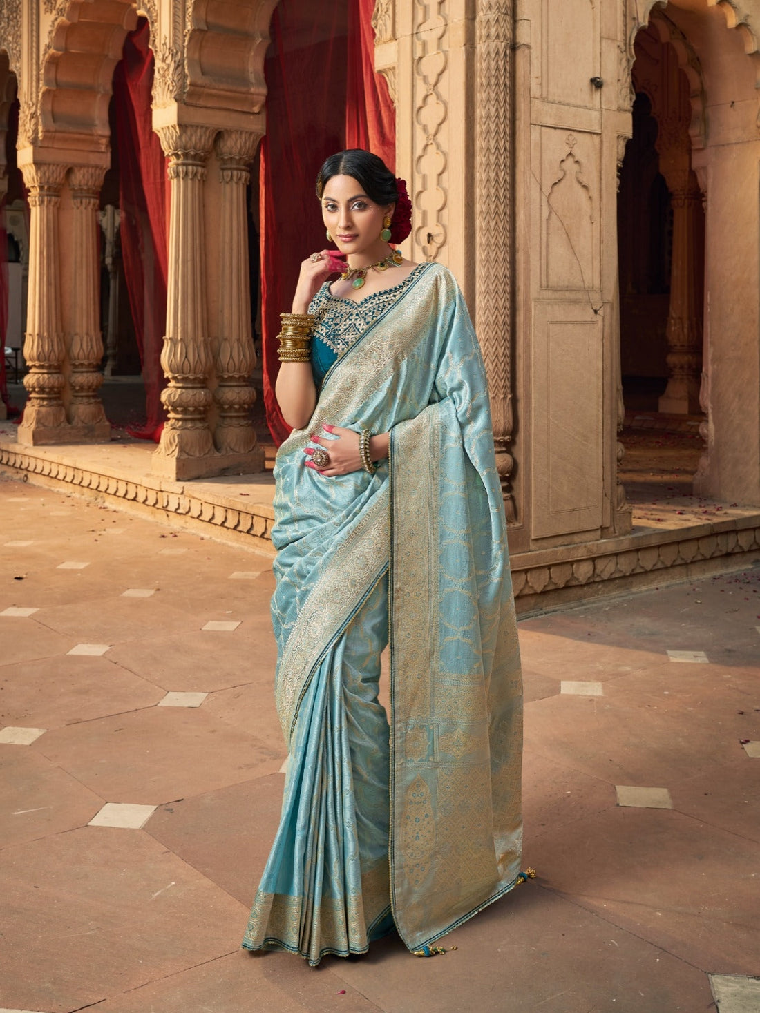 Designer Pure Satin Heavy Zari Sea Blue Saree