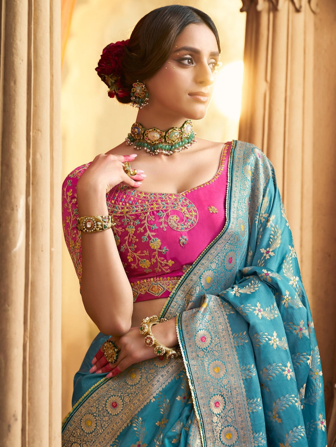 Designer Pure Satin Heavy Zari Sky Blue Saree