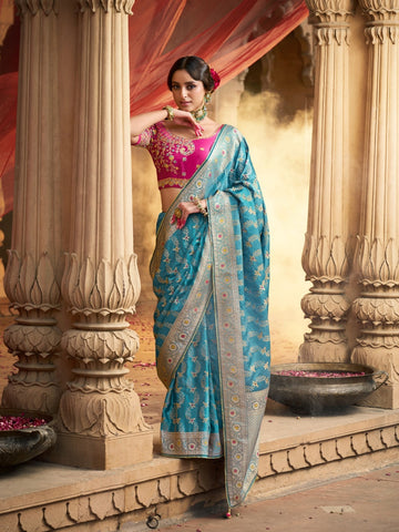 Designer Pure Satin Heavy Zari Sky Blue Saree