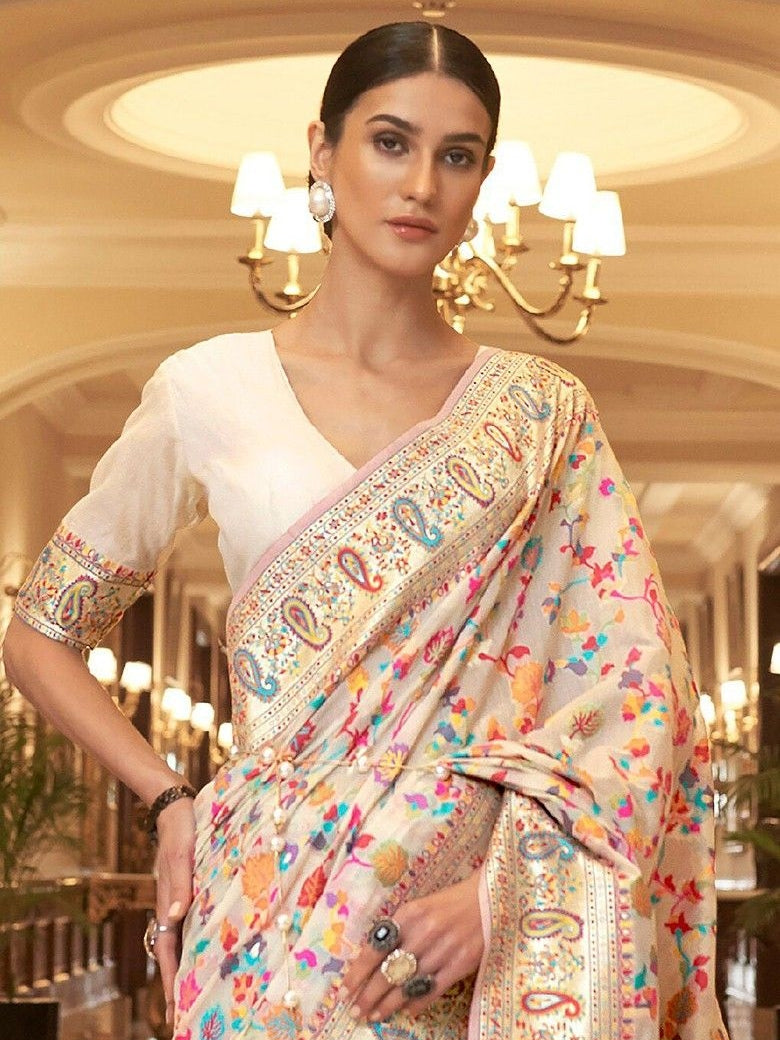 Floral Multi Colour Kashmiri Print Silk Saree