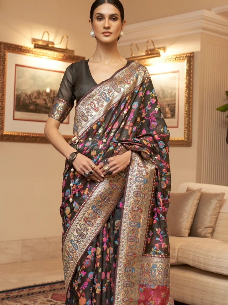 Multi Color Royal Black Woven Kashmiri Print Saree