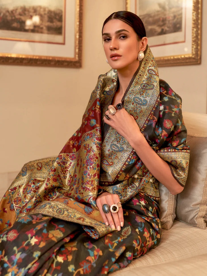 Multi Color Royal Black Woven Kashmiri Print Saree