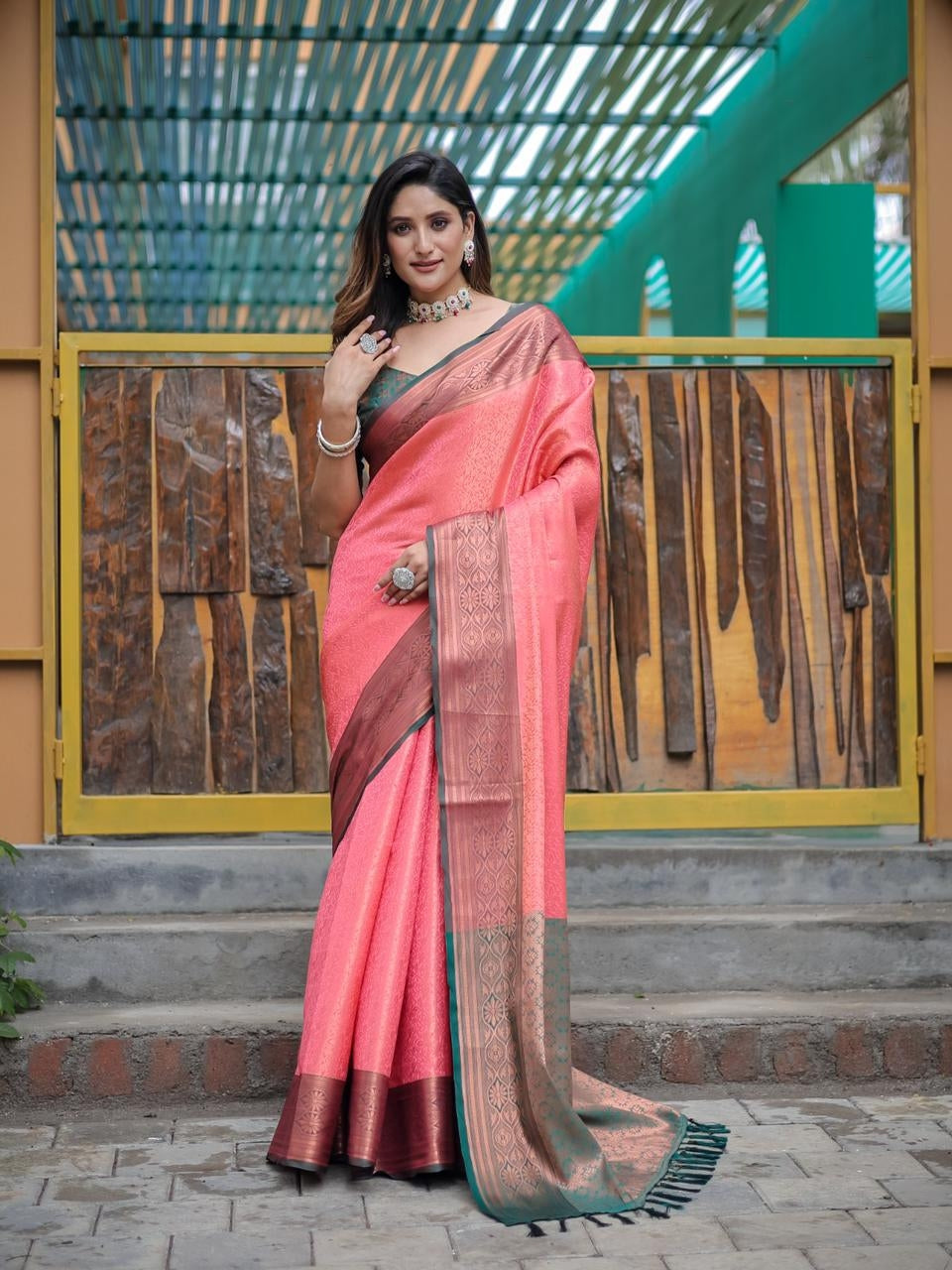 Peach Kanjivaram Zari Saree