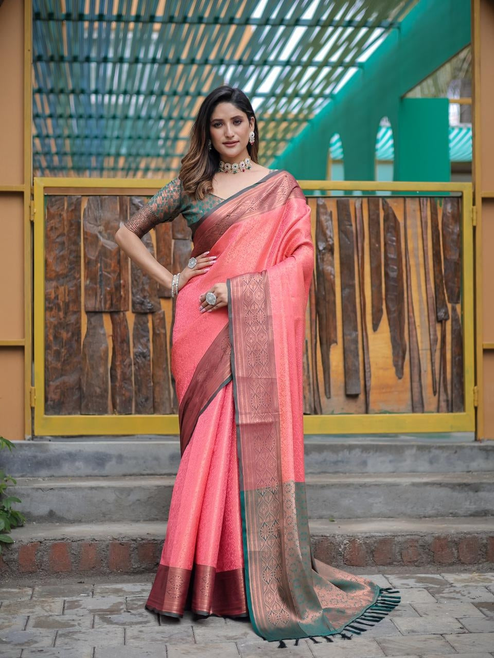 Peach Kanjivaram Zari Saree