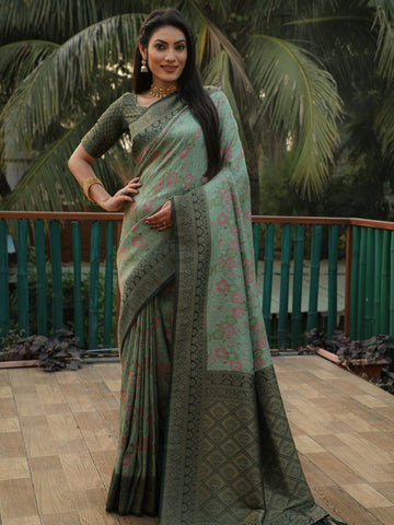 Pista Green  Dual Tone Kanjivaram Zari Work Saree