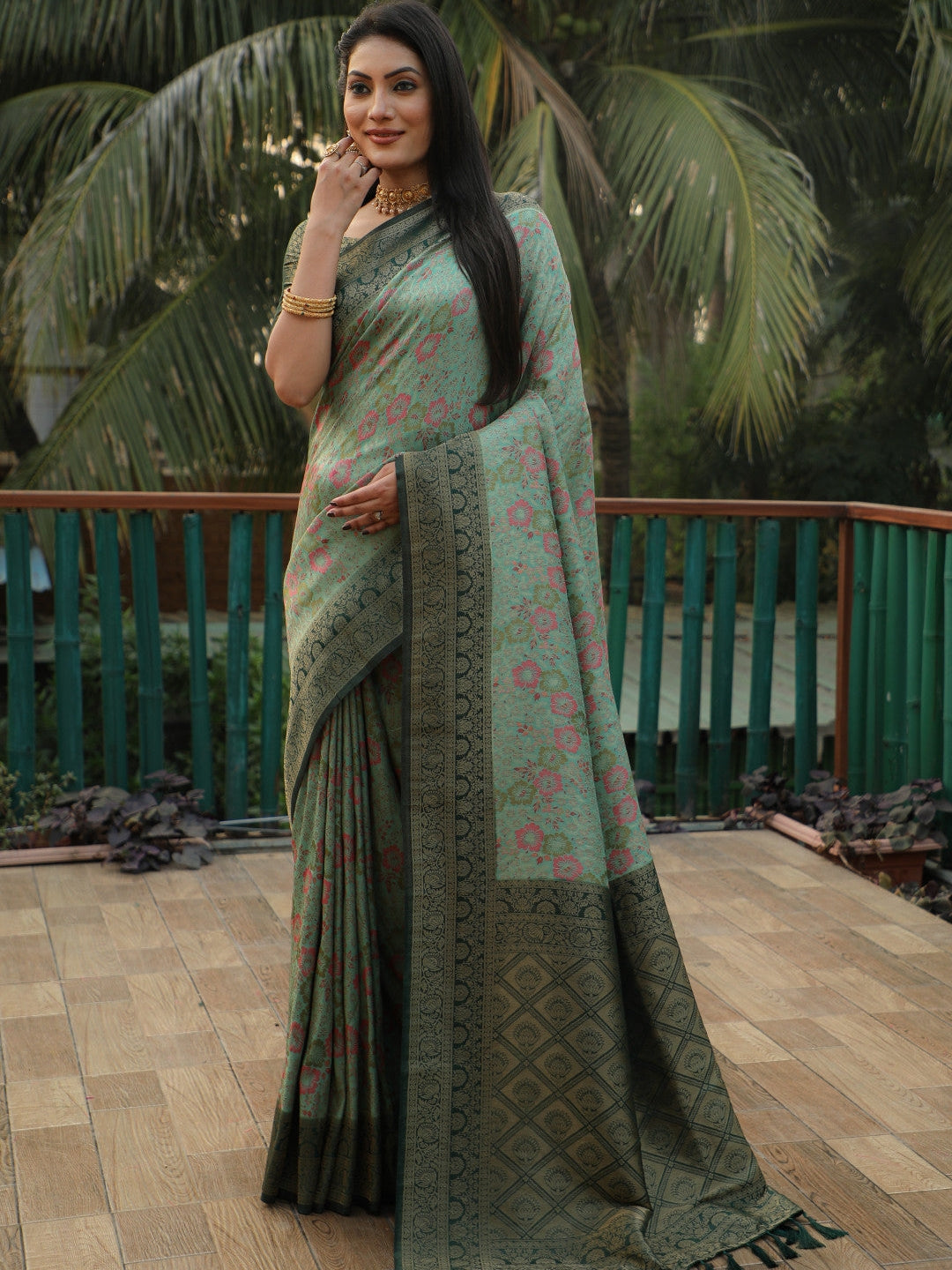 Pista Green  Dual Tone Kanjivaram Zari Work Saree