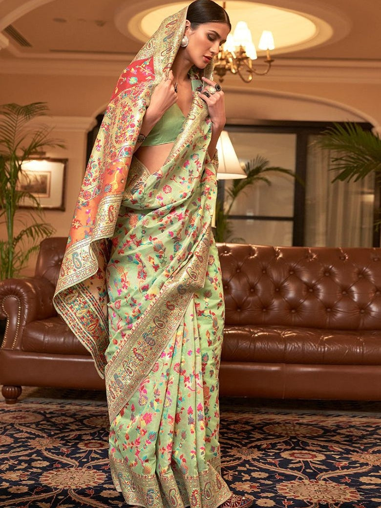 Sea Green Kashmiri Print Silk Saree