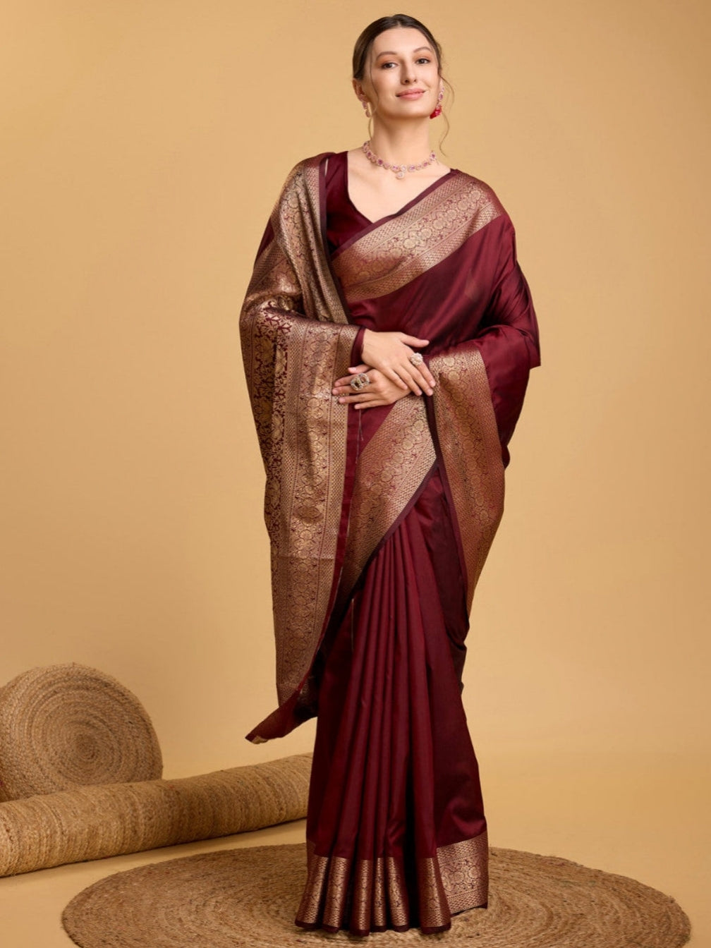 Maroon Kanjivaram Silk Zari Weaved Saree